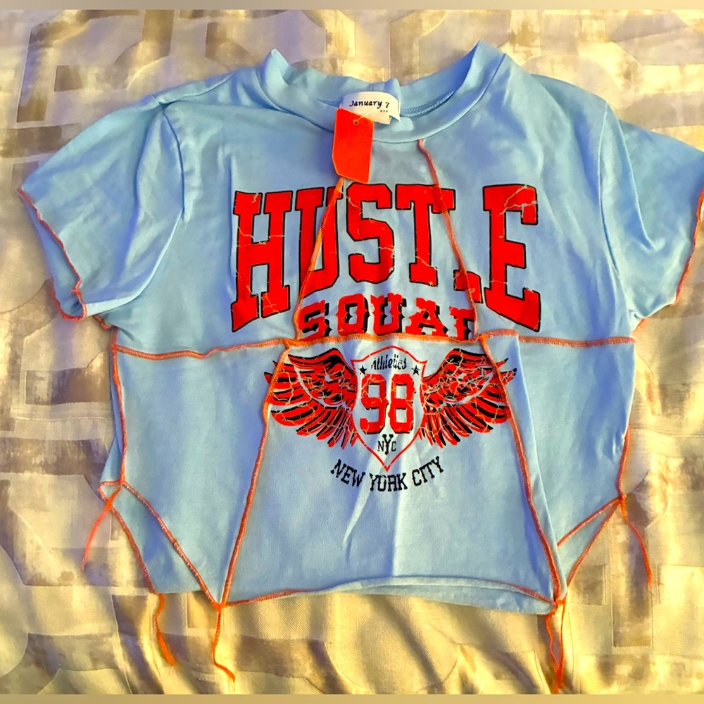 New Light Blue Hustle Squad Crop shirt. Size Medium
